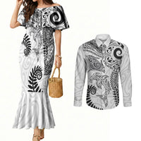 Aotearoa Maori Sea Animals Tribal Couples Matching Mermaid Dress and Long Sleeve Button Shirt Manta Ray and Shark Moko Pattern White Color LT03 White - Polynesian Pride