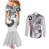 Aotearoa Maori Sea Animals Tribal Couples Matching Mermaid Dress and Long Sleeve Button Shirt Manta Ray and Shark Moko Pattern White Color LT03 - Polynesian Pride
