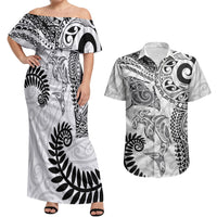 Aotearoa Maori Sea Animals Tribal Couples Matching Off Shoulder Maxi Dress and Hawaiian Shirt Manta Ray and Shark Moko Pattern White Color LT03 White - Polynesian Pride