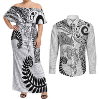 Aotearoa Maori Sea Animals Tribal Couples Matching Off Shoulder Maxi Dress and Long Sleeve Button Shirt Manta Ray and Shark Moko Pattern White Color LT03 White - Polynesian Pride