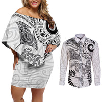 Aotearoa Maori Sea Animals Tribal Couples Matching Off Shoulder Short Dress and Long Sleeve Button Shirt Manta Ray and Shark Moko Pattern White Color LT03 White - Polynesian Pride