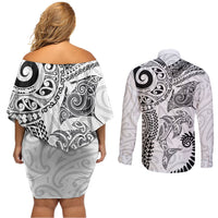 Aotearoa Maori Sea Animals Tribal Couples Matching Off Shoulder Short Dress and Long Sleeve Button Shirt Manta Ray and Shark Moko Pattern White Color