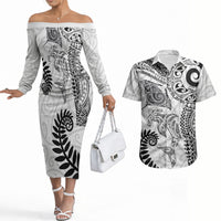Aotearoa Maori Sea Animals Tribal Couples Matching Off The Shoulder Long Sleeve Dress and Hawaiian Shirt Manta Ray and Shark Moko Pattern White Color LT03 White - Polynesian Pride