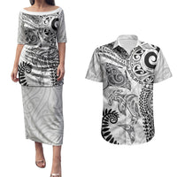 Aotearoa Maori Sea Animals Tribal Couples Matching Puletasi and Hawaiian Shirt Manta Ray and Shark Moko Pattern White Color LT03 White - Polynesian Pride