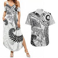 Aotearoa Maori Sea Animals Tribal Couples Matching Summer Maxi Dress and Hawaiian Shirt Manta Ray and Shark Moko Pattern White Color LT03 White - Polynesian Pride