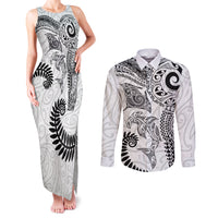 Aotearoa Maori Sea Animals Tribal Couples Matching Tank Maxi Dress and Long Sleeve Button Shirt Manta Ray and Shark Moko Pattern White Color LT03 White - Polynesian Pride