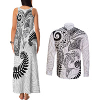 Aotearoa Maori Sea Animals Tribal Couples Matching Tank Maxi Dress and Long Sleeve Button Shirt Manta Ray and Shark Moko Pattern White Color LT03 - Polynesian Pride