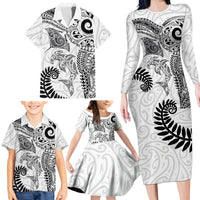 Aotearoa Maori Sea Animals Tribal Family Matching Long Sleeve Bodycon Dress and Hawaiian Shirt Manta Ray and Shark Moko Pattern White Color