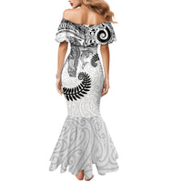 Aotearoa Maori Sea Animals Tribal Family Matching Mermaid Dress and Hawaiian Shirt Manta Ray and Shark Moko Pattern White Color