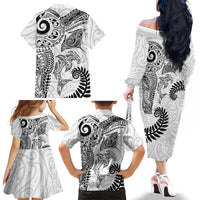 Aotearoa Maori Sea Animals Tribal Family Matching Off The Shoulder Long Sleeve Dress and Hawaiian Shirt Manta Ray and Shark Moko Pattern White Color