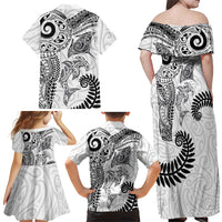 Aotearoa Maori Sea Animals Tribal Family Matching Off Shoulder Maxi Dress and Hawaiian Shirt Manta Ray and Shark Moko Pattern White Color