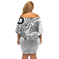 Aotearoa Maori Sea Animals Tribal Family Matching Off Shoulder Short Dress and Hawaiian Shirt Manta Ray and Shark Moko Pattern White Color