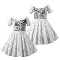 Aotearoa Maori Sea Animals Tribal Family Matching Tank Maxi Dress and Hawaiian Shirt Manta Ray and Shark Moko Pattern White Color LT03 Daughter's Dress White - Polynesian Pride