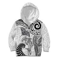 Aotearoa Maori Sea Animals Tribal Kid Hoodie Manta Ray and Shark Moko Pattern White Color