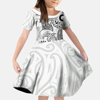 Aotearoa Maori Sea Animals Tribal Kid Short Sleeve Dress Manta Ray and Shark Moko Pattern White Color LT03 KID White - Polynesian Pride