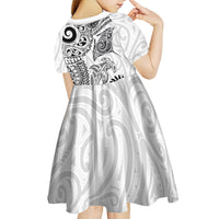 Aotearoa Maori Sea Animals Tribal Kid Short Sleeve Dress Manta Ray and Shark Moko Pattern White Color LT03 - Polynesian Pride