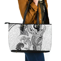 Aotearoa Maori Sea Animals Tribal Leather Tote Bag Manta Ray and Shark Moko Pattern White Color