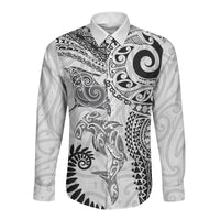 Aotearoa Maori Sea Animals Tribal Long Sleeve Button Shirt Manta Ray and Shark Moko Pattern White Color LT03 Unisex White - Polynesian Pride