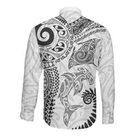 Aotearoa Maori Sea Animals Tribal Long Sleeve Button Shirt Manta Ray and Shark Moko Pattern White Color LT03 - Polynesian Pride