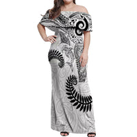 Aotearoa Maori Sea Animals Tribal Off Shoulder Maxi Dress Manta Ray and Shark Moko Pattern White Color LT03 Women White - Polynesian Pride