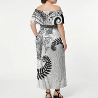 Aotearoa Maori Sea Animals Tribal Off Shoulder Maxi Dress Manta Ray and Shark Moko Pattern White Color LT03 - Polynesian Pride