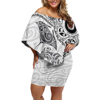Aotearoa Maori Sea Animals Tribal Off Shoulder Short Dress Manta Ray and Shark Moko Pattern White Color LT03 Women White - Polynesian Pride