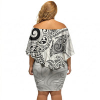 Aotearoa Maori Sea Animals Tribal Off Shoulder Short Dress Manta Ray and Shark Moko Pattern White Color LT03 - Polynesian Pride
