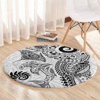 Aotearoa Maori Sea Animals Tribal Round Carpet Manta Ray and Shark Moko Pattern White Color LT03 - Polynesian Pride