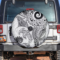 Aotearoa Maori Sea Animals Tribal Spare Tire Cover Manta Ray and Shark Moko Pattern White Color