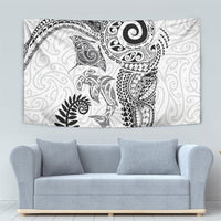 Aotearoa Maori Sea Animals Tribal Tapestry Manta Ray and Shark Moko Pattern White Color