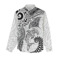 Aotearoa Maori Sea Animals Tribal Women Casual Shirt Manta Ray and Shark Moko Pattern White Color