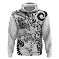 Aotearoa Maori Sea Animals Tribal Zip Hoodie Manta Ray and Shark Moko Pattern White Color