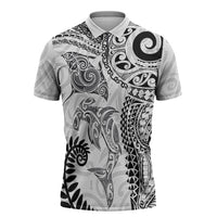 Aotearoa Maori Sea Animals Tribal Zipper Polo Shirt Manta Ray and Shark Moko Pattern White Color LT03 White - Polynesian Pride