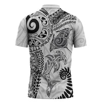 Aotearoa Maori Sea Animals Tribal Zipper Polo Shirt Manta Ray and Shark Moko Pattern White Color LT03 - Polynesian Pride