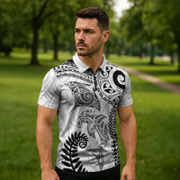 Aotearoa Maori Sea Animals Tribal Zipper Polo Shirt Manta Ray and Shark Moko Pattern White Color LT03 - Polynesian Pride
