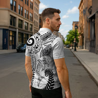 Aotearoa Maori Sea Animals Tribal Zipper Polo Shirt Manta Ray and Shark Moko Pattern White Color LT03 - Polynesian Pride