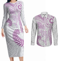 Aotearoa Maori Sea Animals Tribal Couples Matching Long Sleeve Bodycon Dress and Long Sleeve Button Shirt Manta Ray and Shark Moko Pattern Pink Color LT03 Pink - Polynesian Pride