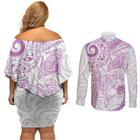 Aotearoa Maori Sea Animals Tribal Couples Matching Off Shoulder Short Dress and Long Sleeve Button Shirt Manta Ray and Shark Moko Pattern Pink Color LT03 - Polynesian Pride