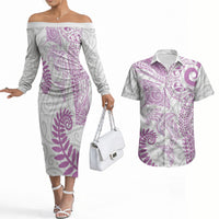Aotearoa Maori Sea Animals Tribal Couples Matching Off The Shoulder Long Sleeve Dress and Hawaiian Shirt Manta Ray and Shark Moko Pattern Pink Color LT03 Pink - Polynesian Pride
