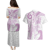 Aotearoa Maori Sea Animals Tribal Couples Matching Puletasi and Hawaiian Shirt Manta Ray and Shark Moko Pattern Pink Color LT03 - Polynesian Pride