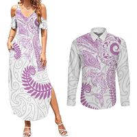 Aotearoa Maori Sea Animals Tribal Couples Matching Summer Maxi Dress and Long Sleeve Button Shirt Manta Ray and Shark Moko Pattern Pink Color LT03 Pink - Polynesian Pride