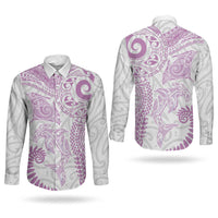 Aotearoa Maori Sea Animals Tribal Couples Matching Summer Maxi Dress and Long Sleeve Button Shirt Manta Ray and Shark Moko Pattern Pink Color LT03 - Polynesian Pride