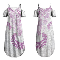 Aotearoa Maori Sea Animals Tribal Couples Matching Summer Maxi Dress and Long Sleeve Button Shirt Manta Ray and Shark Moko Pattern Pink Color LT03 - Polynesian Pride