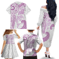 Aotearoa Maori Sea Animals Tribal Family Matching Off The Shoulder Long Sleeve Dress and Hawaiian Shirt Manta Ray and Shark Moko Pattern Pink Color LT03 Mom's Dress Pink - Polynesian Pride