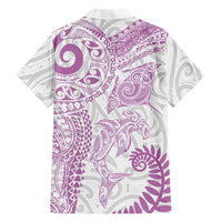 Aotearoa Maori Sea Animals Tribal Family Matching Off The Shoulder Long Sleeve Dress and Hawaiian Shirt Manta Ray and Shark Moko Pattern Pink Color LT03 Dad's Shirt - Long Sleeve Pink - Polynesian Pride