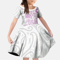 Aotearoa Maori Sea Animals Tribal Family Matching Off Shoulder Maxi Dress and Hawaiian Shirt Manta Ray and Shark Moko Pattern Pink Color