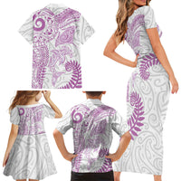 Aotearoa Maori Sea Animals Tribal Family Matching Short Sleeve Bodycon Dress and Hawaiian Shirt Manta Ray and Shark Moko Pattern Pink Color
