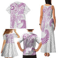 Aotearoa Maori Sea Animals Tribal Family Matching Tank Maxi Dress and Hawaiian Shirt Manta Ray and Shark Moko Pattern Pink Color LT03 Mom's Dress Pink - Polynesian Pride