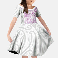 Aotearoa Maori Sea Animals Tribal Kid Short Sleeve Dress Manta Ray and Shark Moko Pattern Pink Color