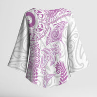 Aotearoa Maori Sea Animals Tribal Kimono Sleeve Blouse Manta Ray and Shark Moko Pattern Pink Color